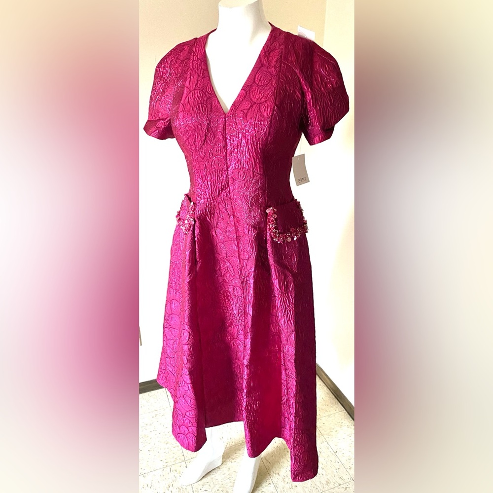 Rene Ruiz Fuchsia Textured V-Neck Midi Dress with Embellished Pockets